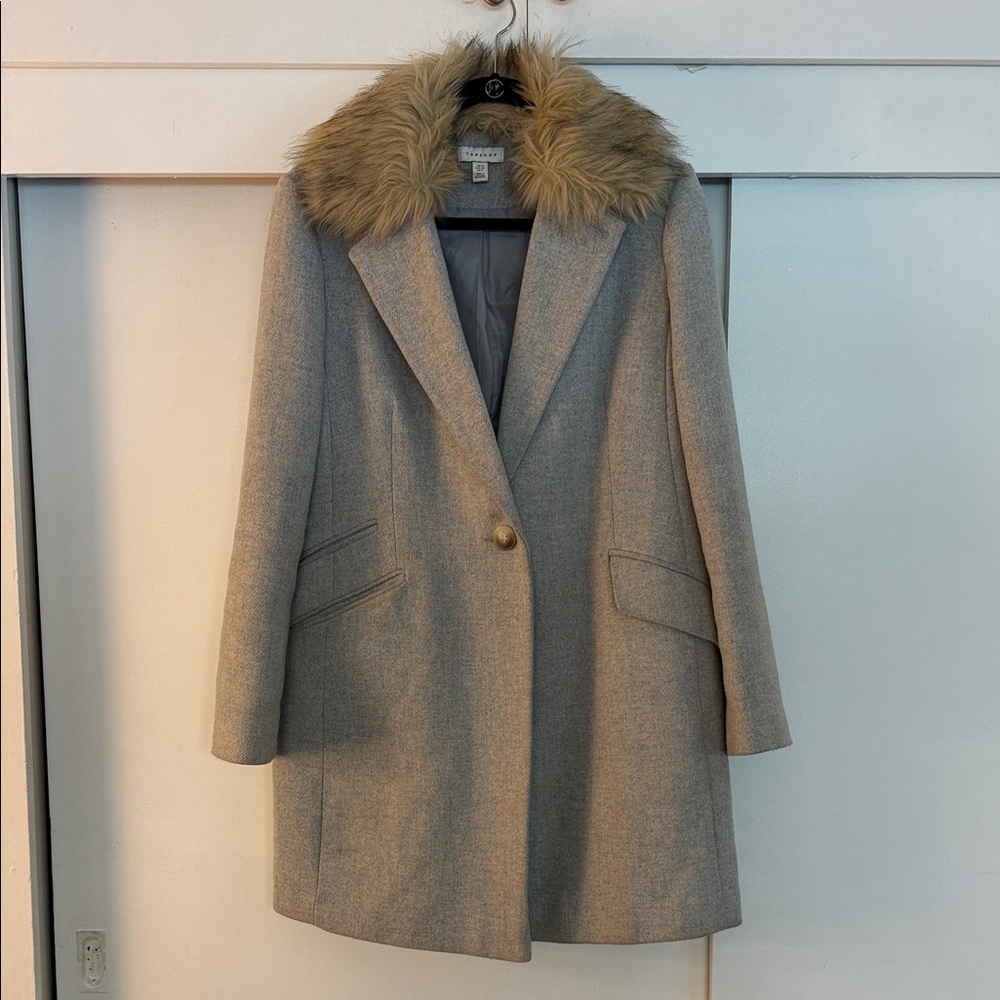 Topshop Gray Pea Coat with Faux Fur Collar